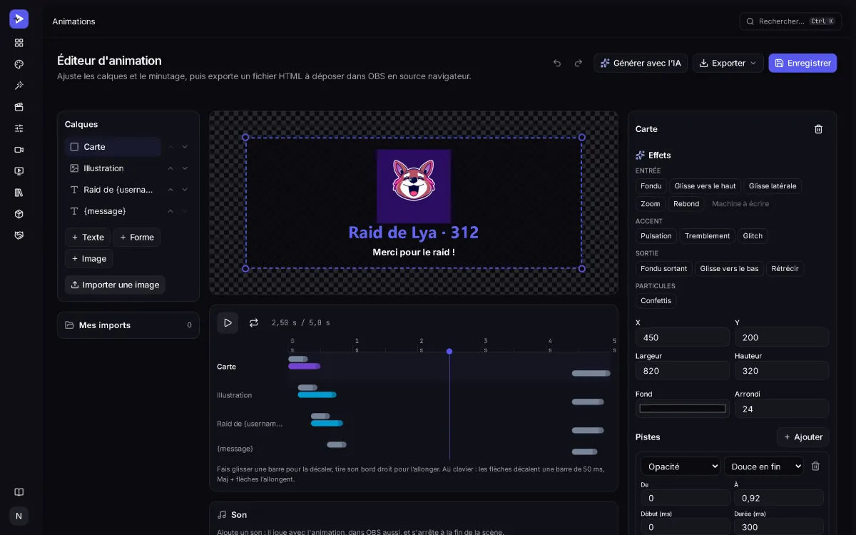 Éditeur d'animation StreamCrea : une alerte de raid sur un aperçu transparent, ses quatre calques, leur timeline et les effets d'entrée.