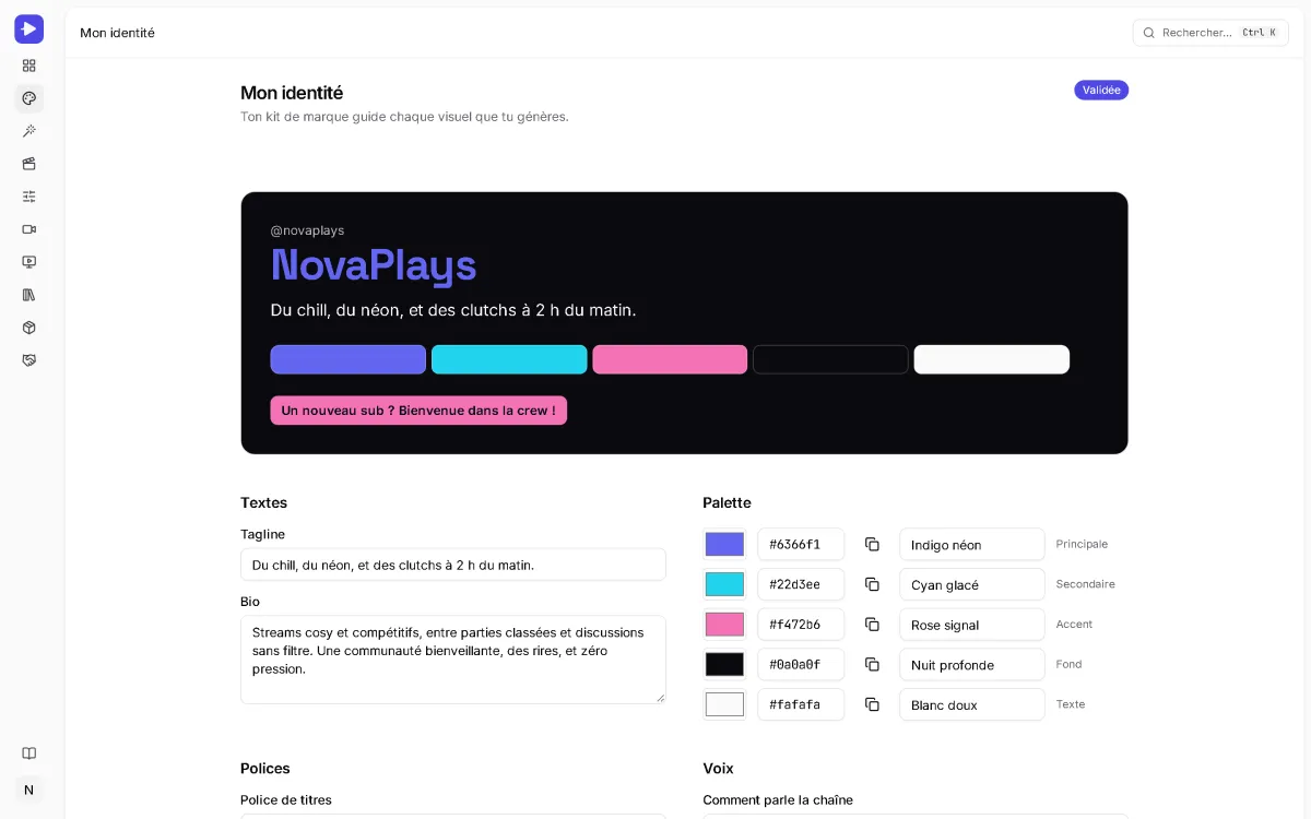 Kit de marque de NovaPlays dans StreamCrea : nom de la chaîne et accroche, palette de cinq couleurs avec leurs codes, textes et polices.