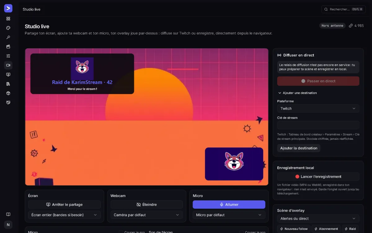 Studio live StreamCrea : un écran partagé, la webcam dans un coin et une alerte de raid de l'overlay par-dessus, à côté des réglages d'enregistrement.