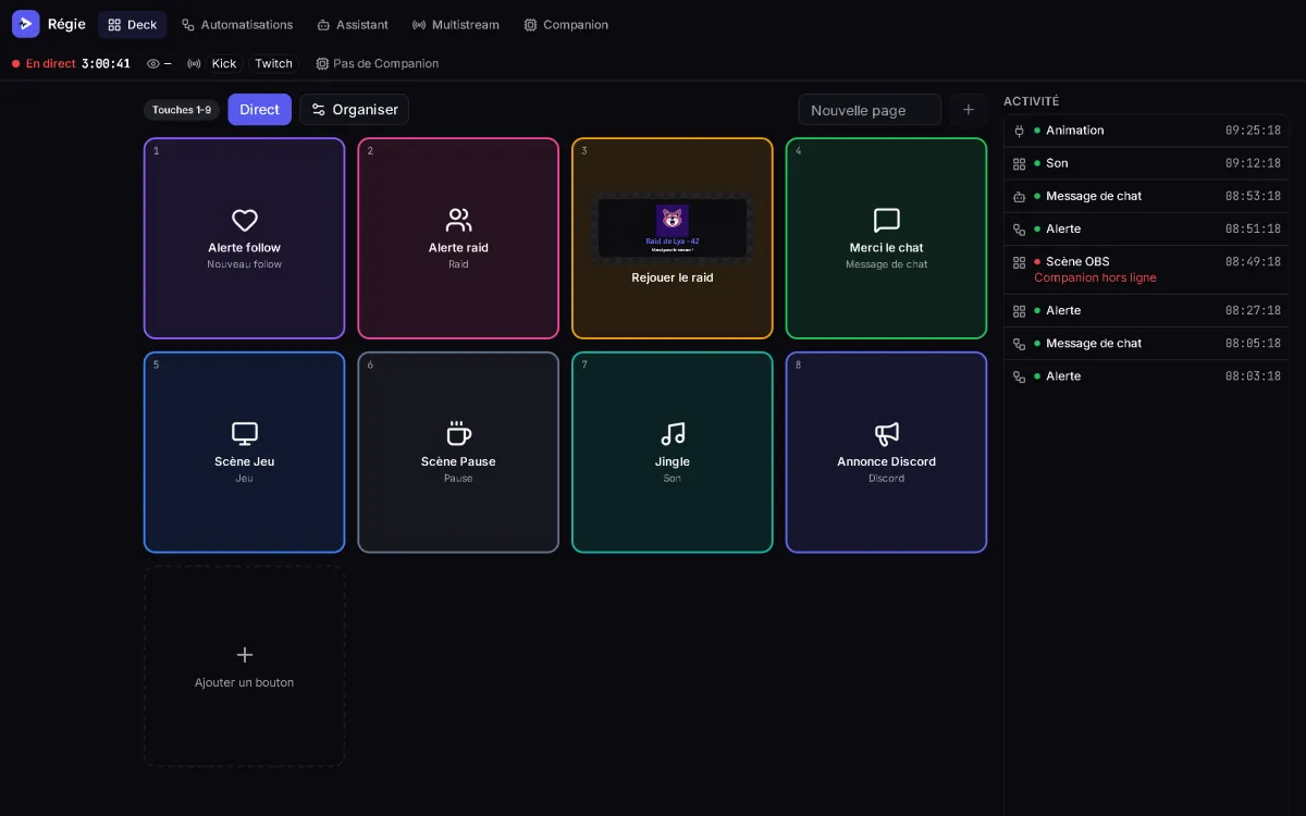 Régie StreamCrea : un deck de huit touches (alertes, scènes OBS, chat, jingle, Discord) et le journal d'activité du direct.