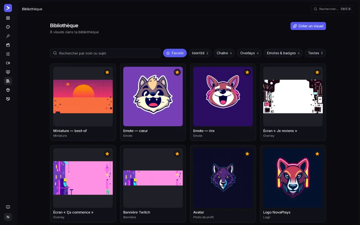 Bibliothèque StreamCrea : le logo, l'avatar, les emotes, les bannières, les écrans d'overlay et la miniature de NovaPlays, marqués en favoris.