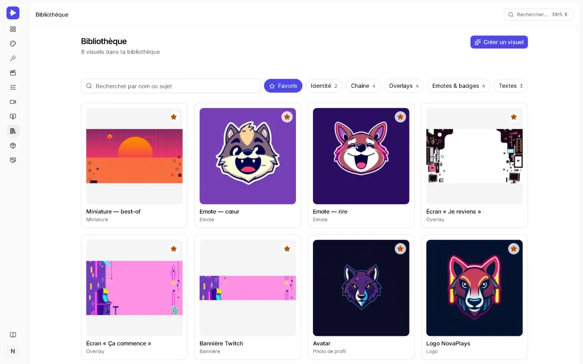 Bibliothèque StreamCrea : le logo, l'avatar, les emotes, les bannières, les écrans d'overlay et la miniature de NovaPlays, marqués en favoris.
